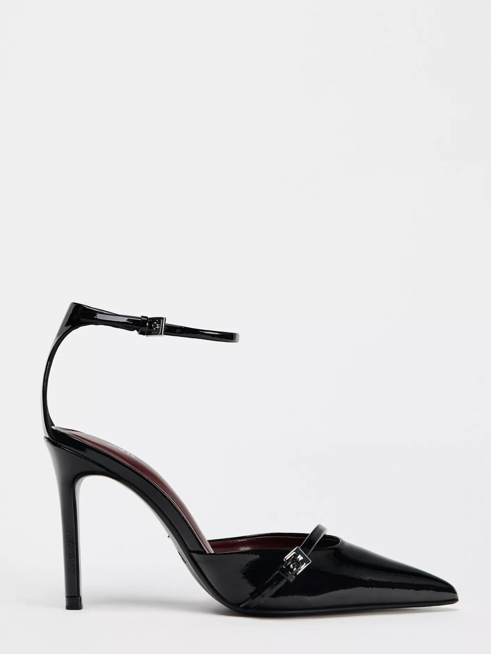 Zara Black Patent Pointed-Toe Ankle-Strap Stiletto
